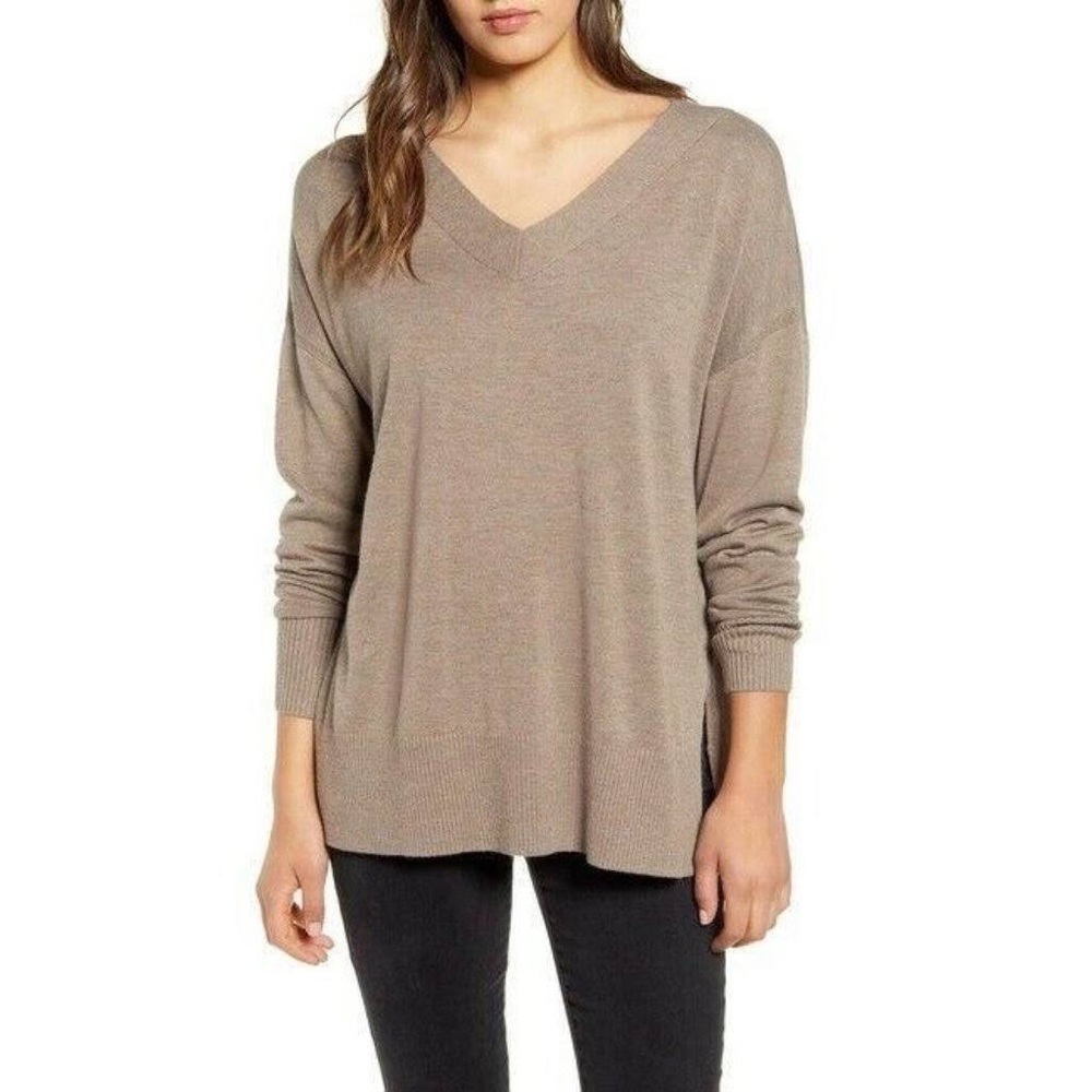 Chelsea28 Nordstrom brown beige V Neck slouchy loose sweater tunic size medium